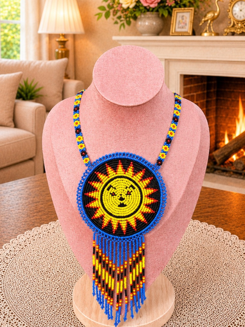 Vintage Artisan Handcrafted  Huichol Beaded Pouch Necklace